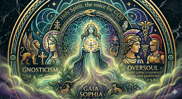 Holy Spirit, the voice for GOD (ACIM), Gnosticism on the left, Oversoul - pure consciousness - gods and goddesses and in the foreground Gaia Sophia coming out of a fog